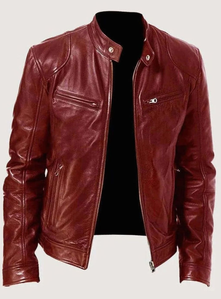Men's Genuine Leather Stand-Collar Zip-Up Biker Jacket - Burgundy