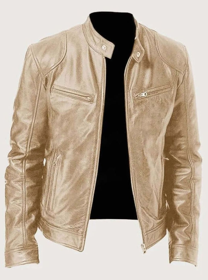 Men's Genuine Leather Stand-Collar Zip-Up Biker Jacket - Gold