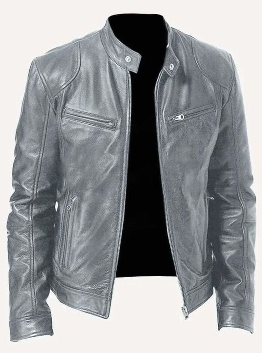 Men's Genuine Leather Stand-Collar Zip-Up Biker Jacket - Grey