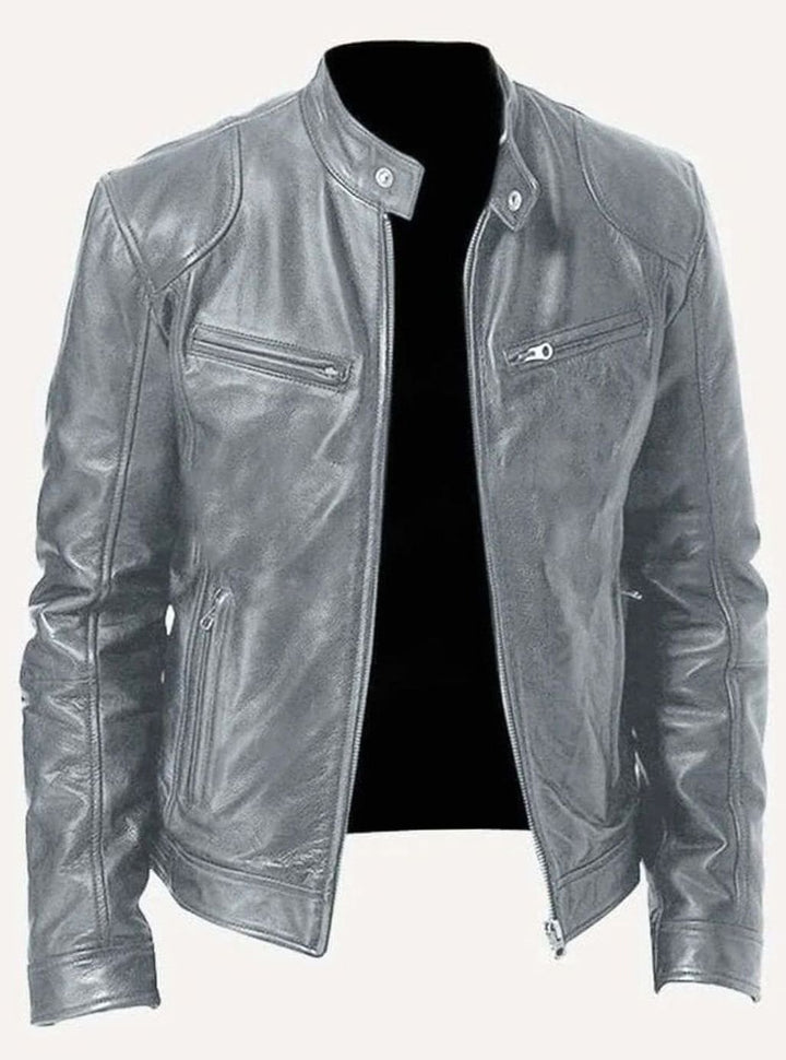 Men's Genuine Leather Stand-Collar Zip-Up Biker Jacket - Grey