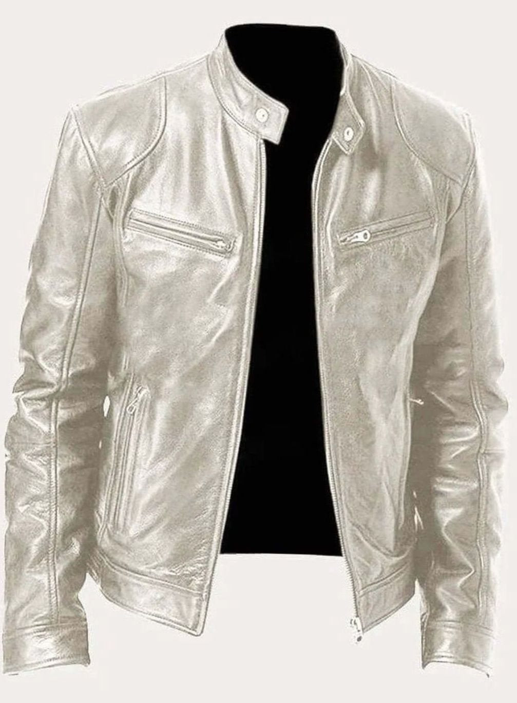 Men's Genuine Leather Stand-Collar Zip-Up Biker Jacket - Silver