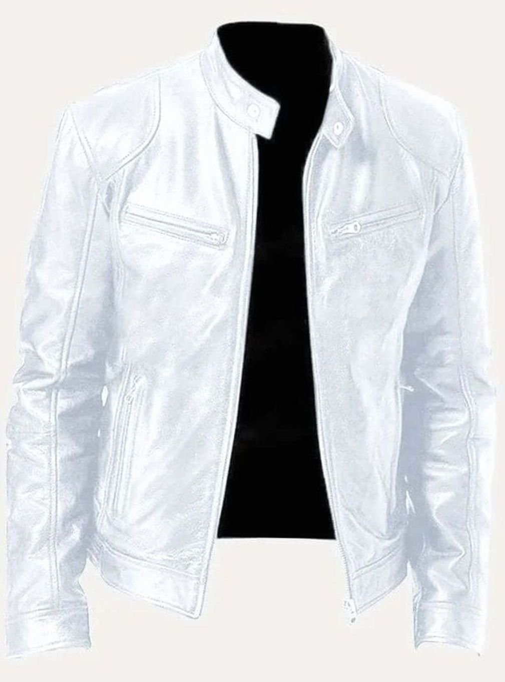 Men's Genuine Leather Stand-Collar Zip-Up Biker Jacket - White