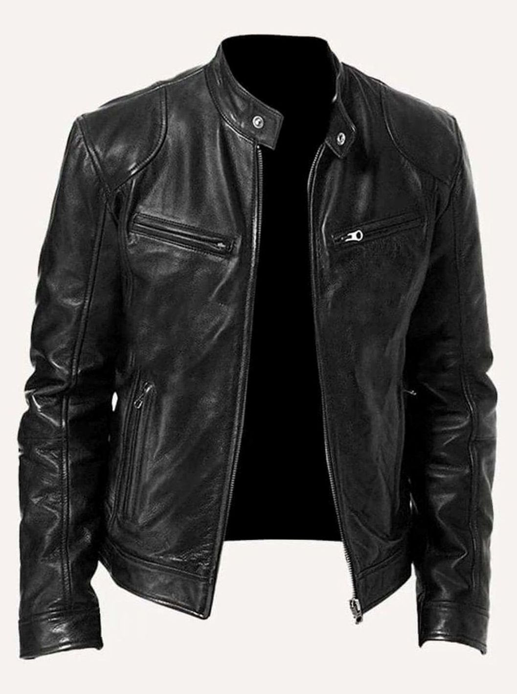 Men's Genuine Leather Stand-Collar Zip-Up Biker Jacket - Black