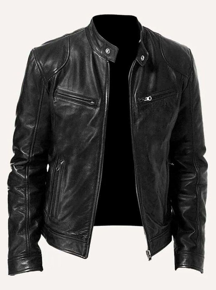 Men's Genuine Leather Stand-Collar Zip-Up Biker Jacket - Black