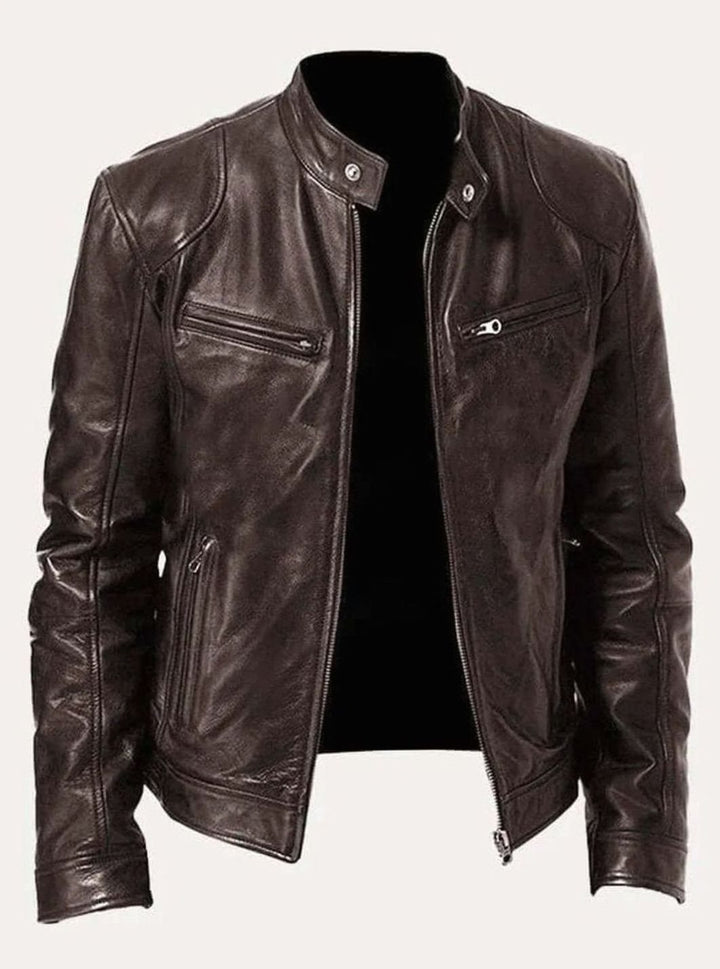 Men's Genuine Leather Stand-Collar Zip-Up Biker Jacket - Brown
