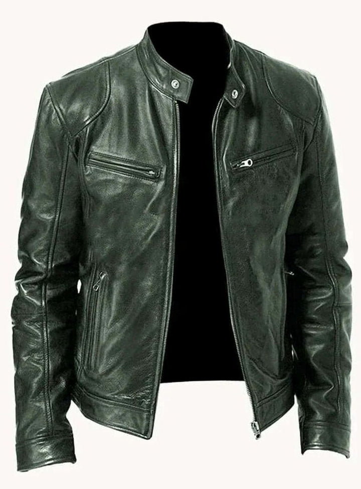 Men's Genuine Leather Stand-Collar Zip-Up Biker Jacket - Military Green