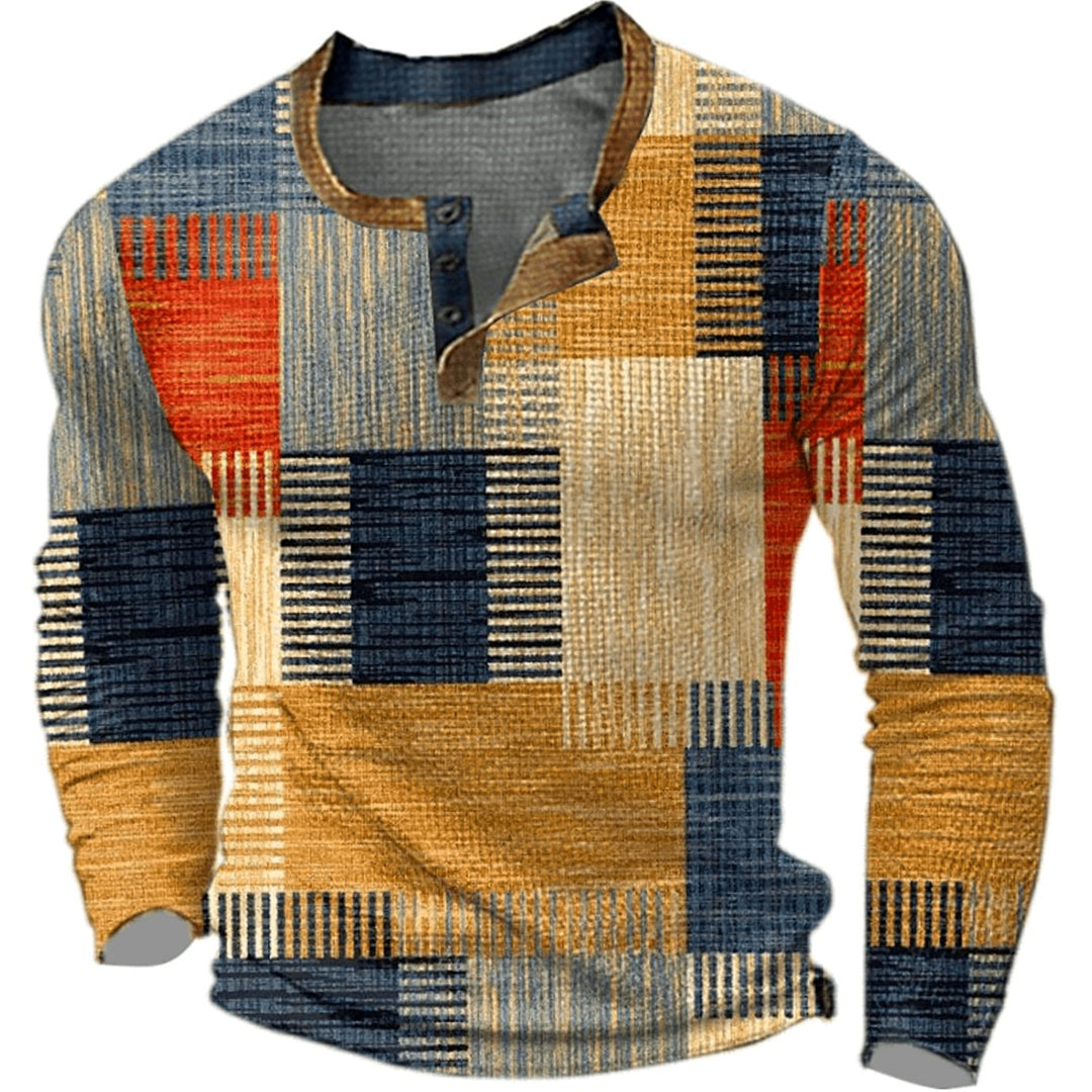 Men's Geometric Check Long-Sleeve Henley Pullover Top - Orange