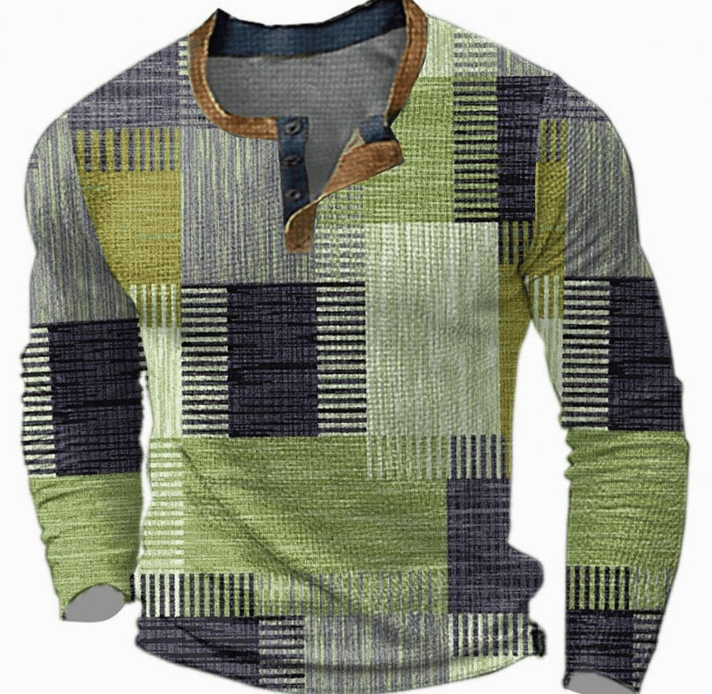 Men's Geometric Check Long-Sleeve Henley Pullover Top - Green