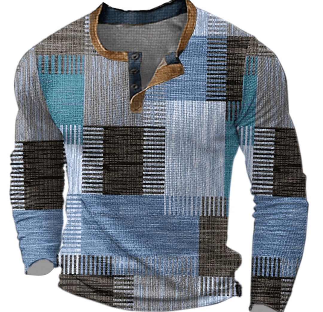 Men's Geometric Check Long-Sleeve Henley Pullover Top - Blue