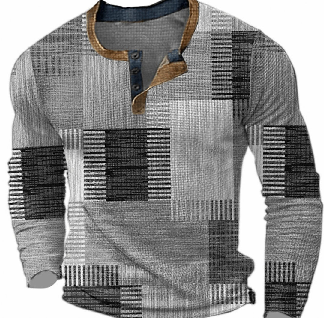 Men's Geometric Check Long-Sleeve Henley Pullover Top - Grey