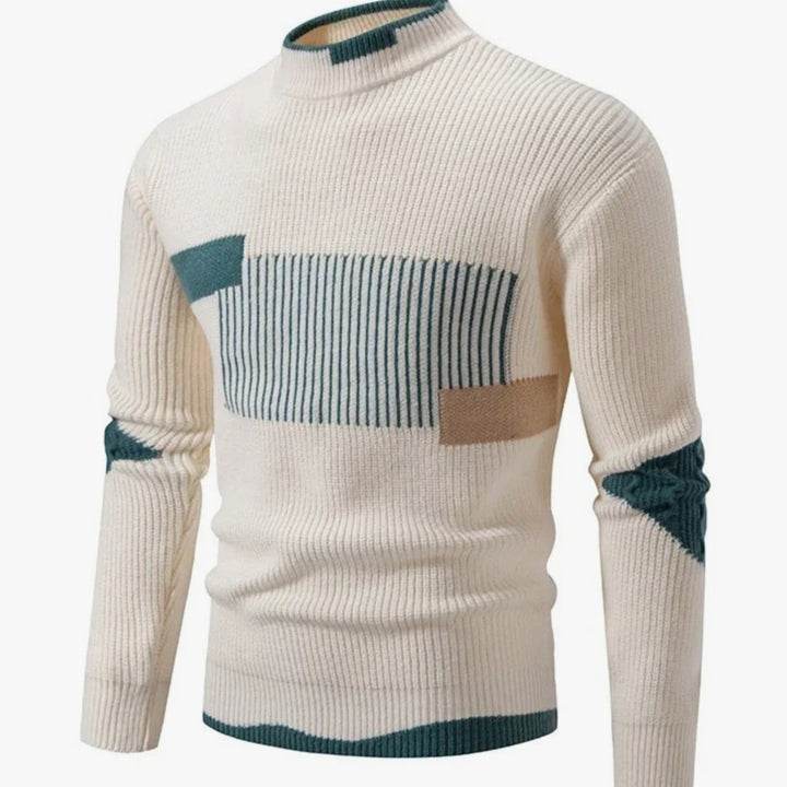 Men's Geometric Mock-Neck Ribbed Knit Jumper - Geometric Beige