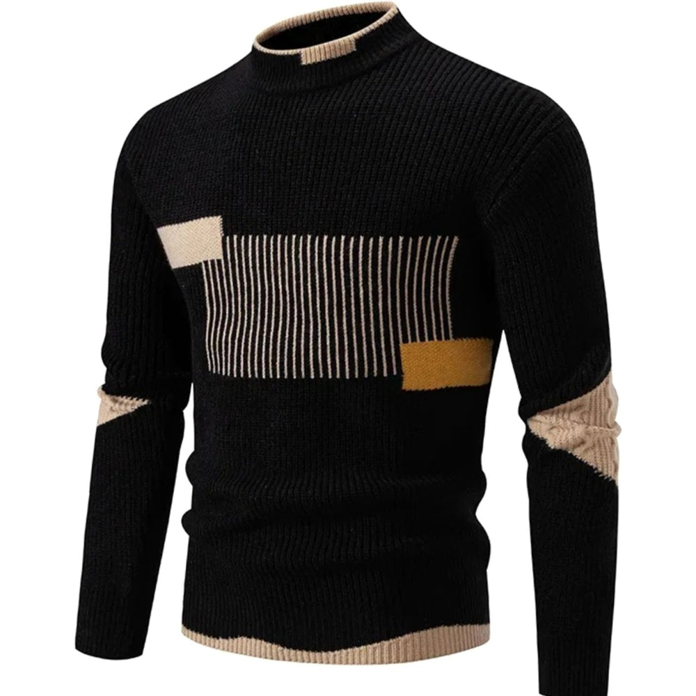 Men's Geometric Mock-Neck Ribbed Knit Jumper - Geometric Black
