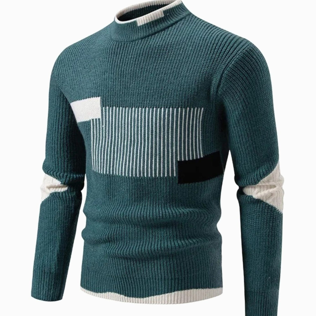 Men's Geometric Mock-Neck Ribbed Knit Jumper - Geometric Green