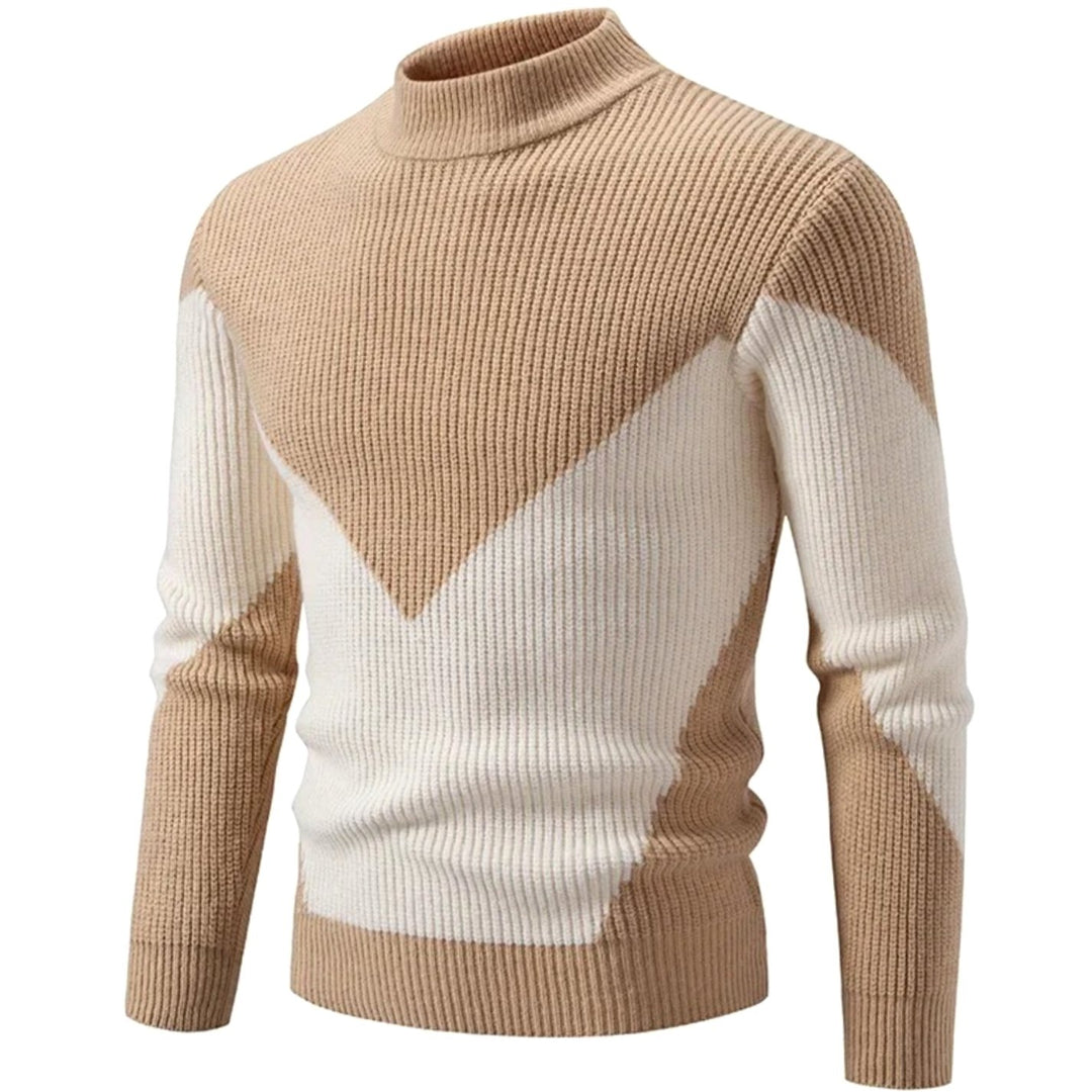 Men's Geometric Mock-Neck Ribbed Knit Jumper - Beige Diamond