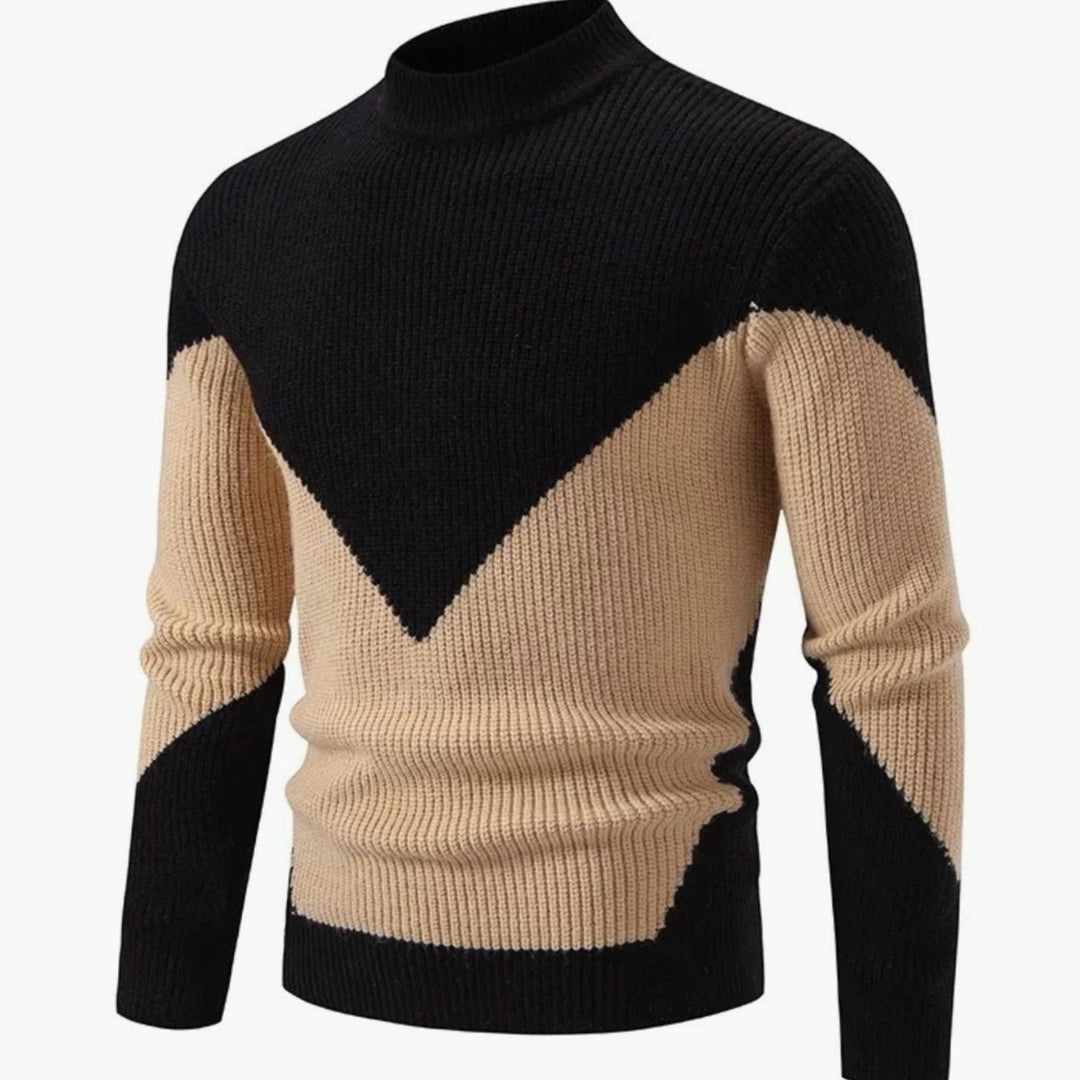 Men's Geometric Mock-Neck Ribbed Knit Jumper - Black Diamond