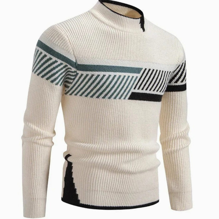 Men's Geometric Mock-Neck Ribbed Knit Jumper - Beige Stripe