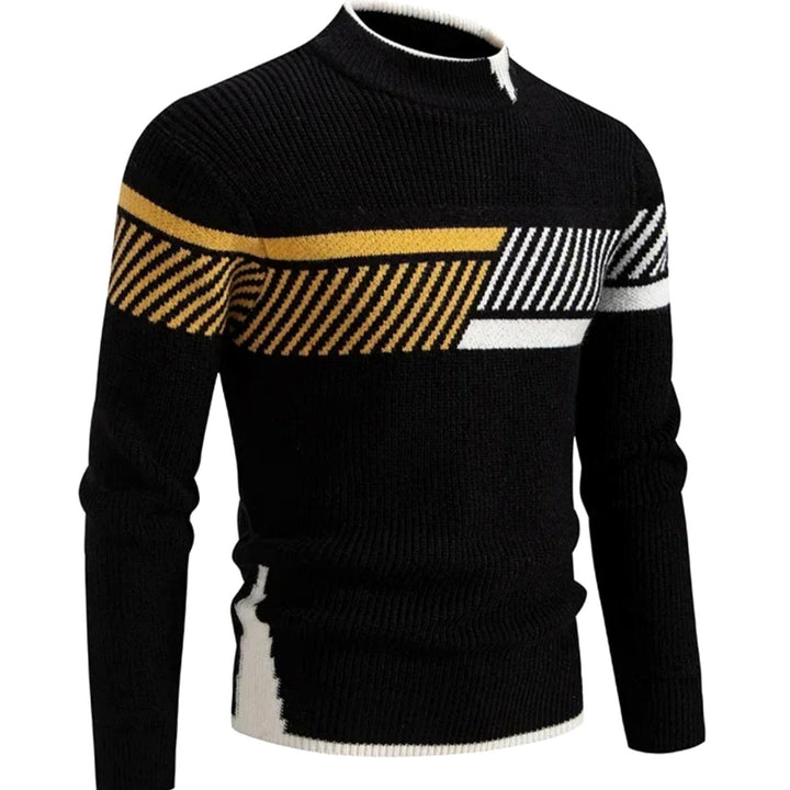Men's Geometric Mock-Neck Ribbed Knit Jumper - Black