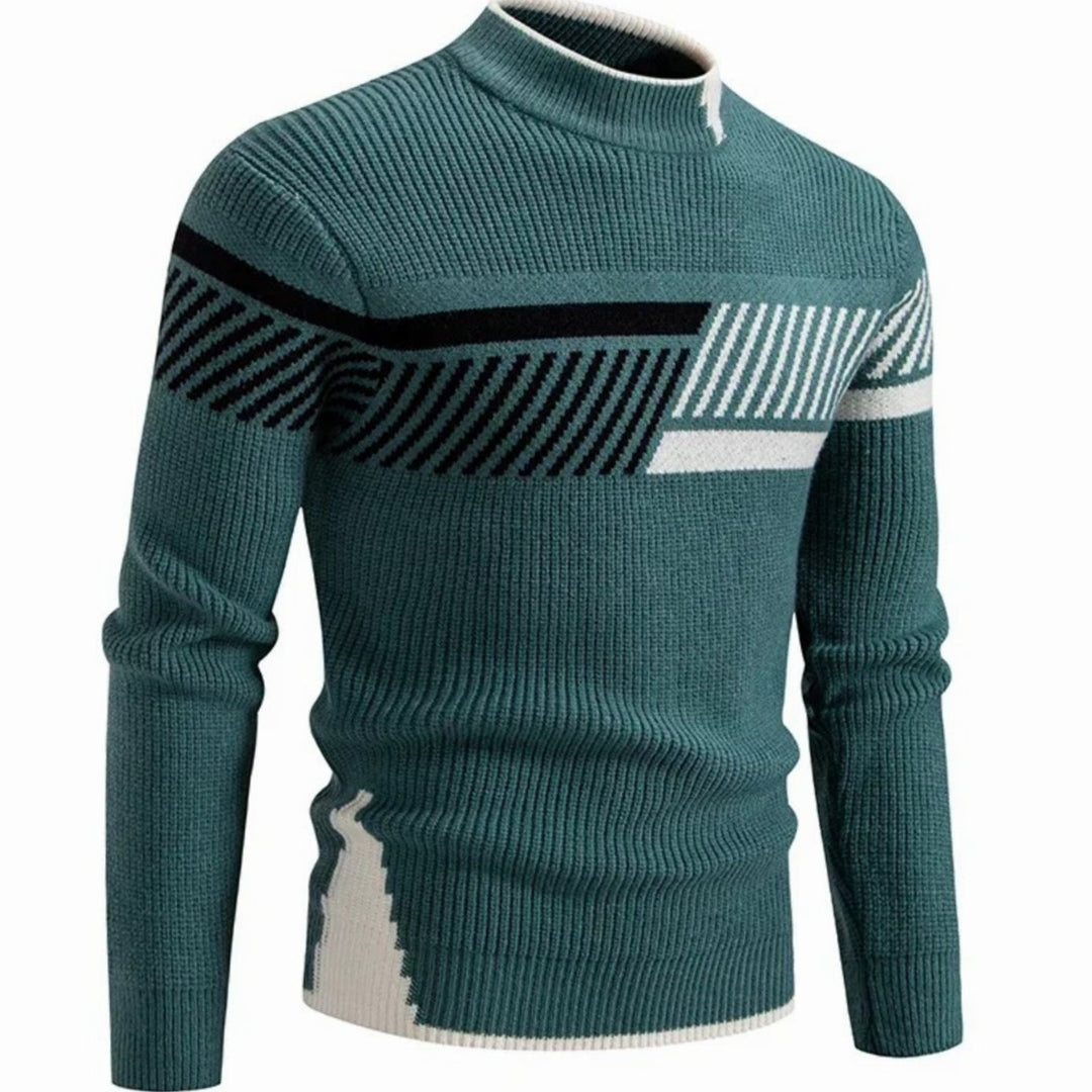 Men's Geometric Mock-Neck Ribbed Knit Jumper - Green Stripe