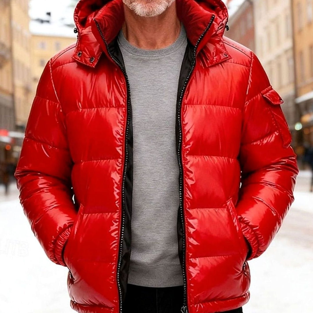 Men's Glossy Quilted Hooded Insulated Puffer Jacket - Red