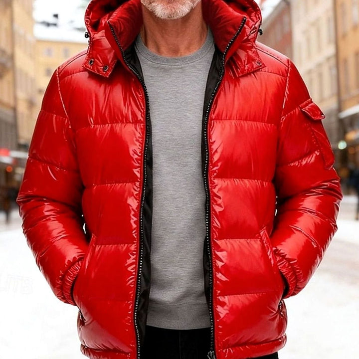 Men's Glossy Quilted Hooded Insulated Puffer Jacket - Red