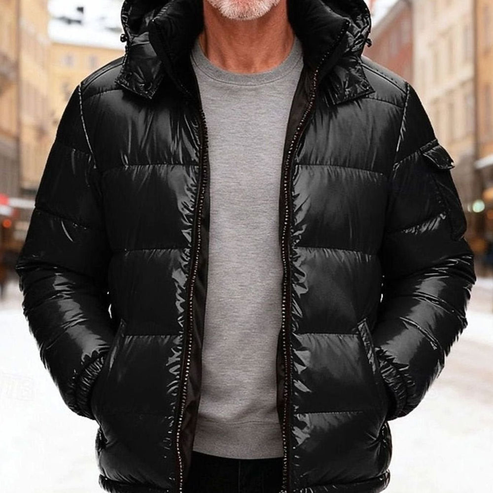 Men's Glossy Quilted Hooded Insulated Puffer Jacket - Black