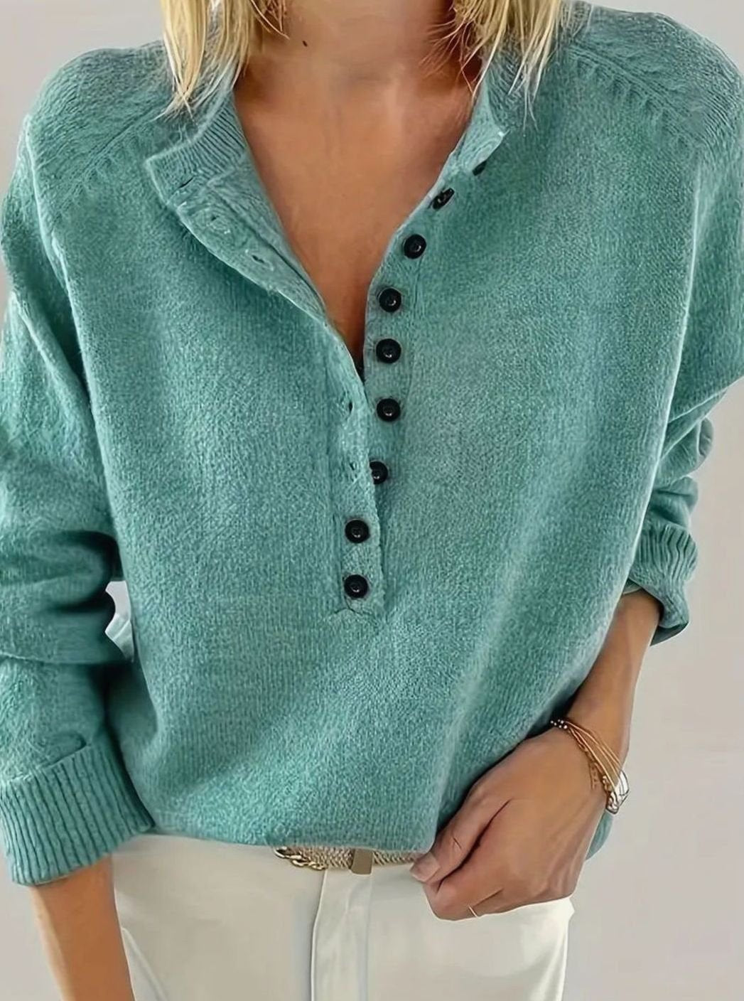 Men's Half-Button Collar Knitted Jumper, Teal - Emerald Green