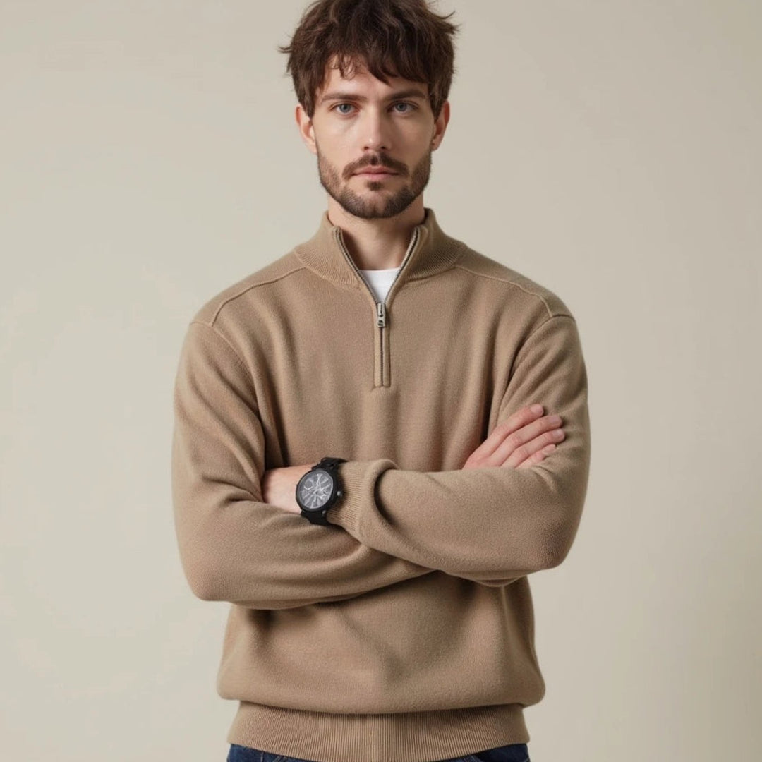 Men's Half-Zip Knitted Sweater Warm Classic Pullover - Beige