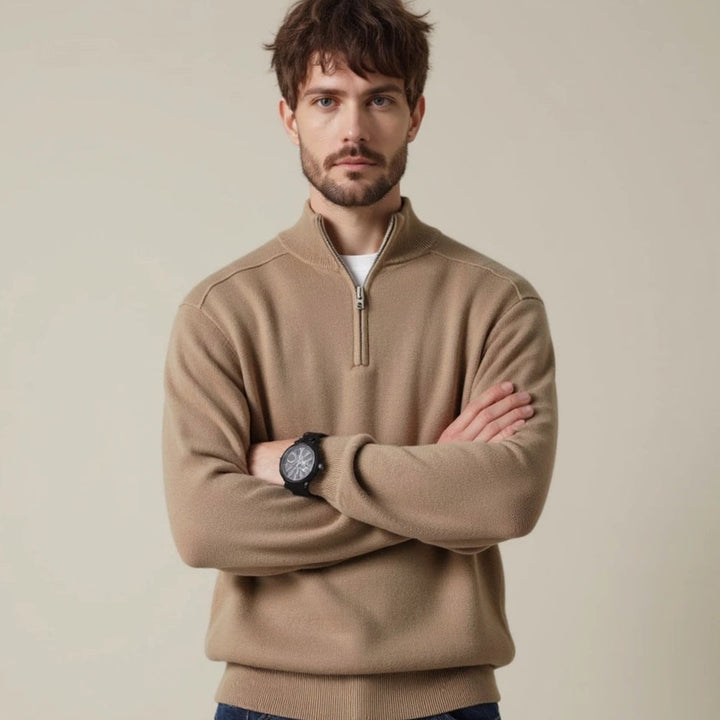 Men's Half-Zip Knitted Sweater Warm Classic Pullover - Beige