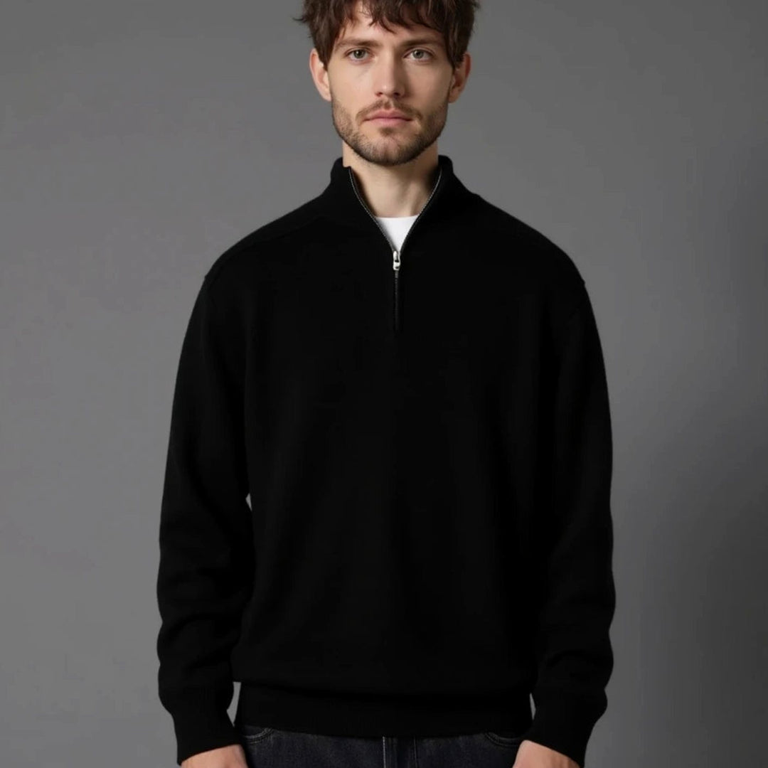 Men's Half-Zip Knitted Sweater Warm Classic Pullover - Black
