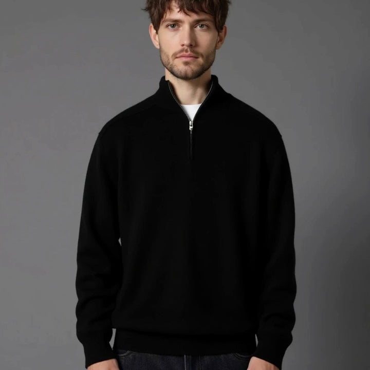 Men's Half-Zip Knitted Sweater Warm Classic Pullover - Black