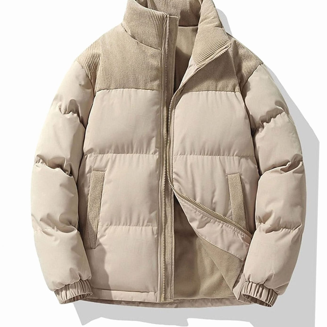 Men's Insulated Stand-Collar Corduroy Panel Puffer Jacket - Khaki