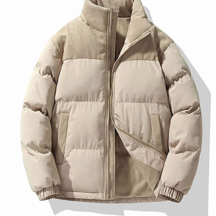 Men's Insulated Stand-Collar Corduroy Panel Puffer Jacket - Khaki