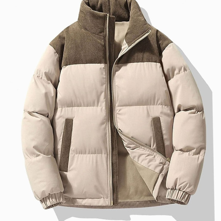 Men's Insulated Stand-Collar Corduroy Panel Puffer Jacket - Brown