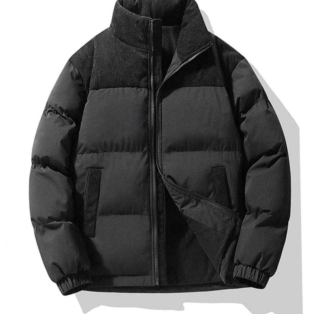 Men's Insulated Stand-Collar Corduroy Panel Puffer Jacket - Black