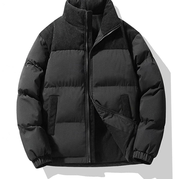 Men's Insulated Stand-Collar Corduroy Panel Puffer Jacket - Black