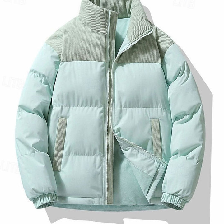 Men's Insulated Stand-Collar Corduroy Panel Puffer Jacket - Light Sky Blue