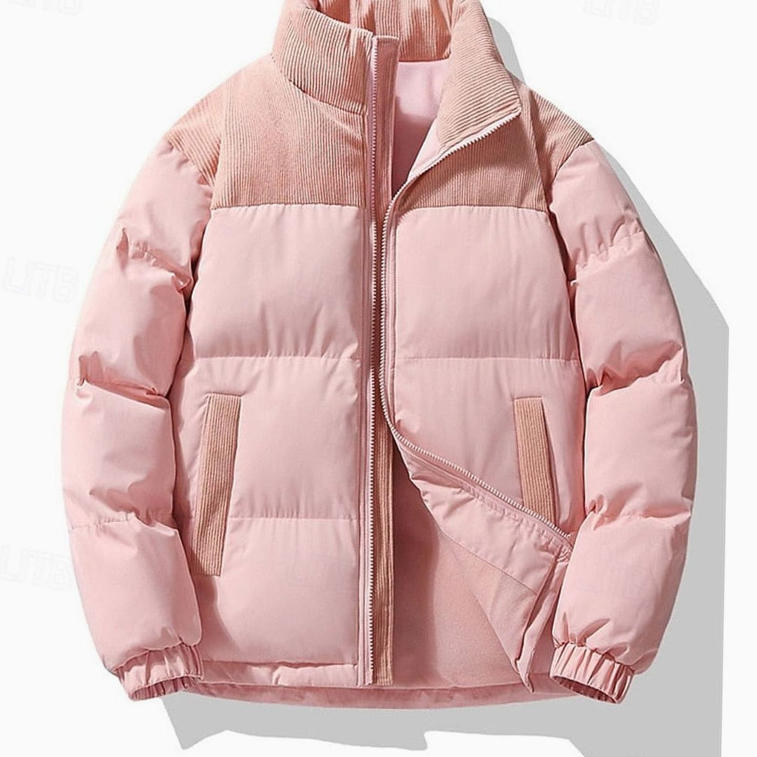 Men's Insulated Stand-Collar Corduroy Panel Puffer Jacket - Pink