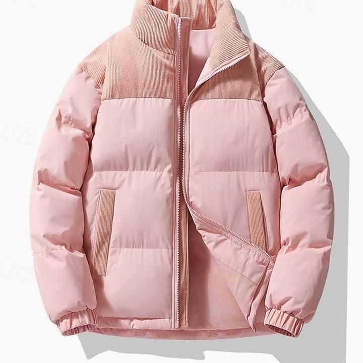 Men's Insulated Stand-Collar Corduroy Panel Puffer Jacket - Pink