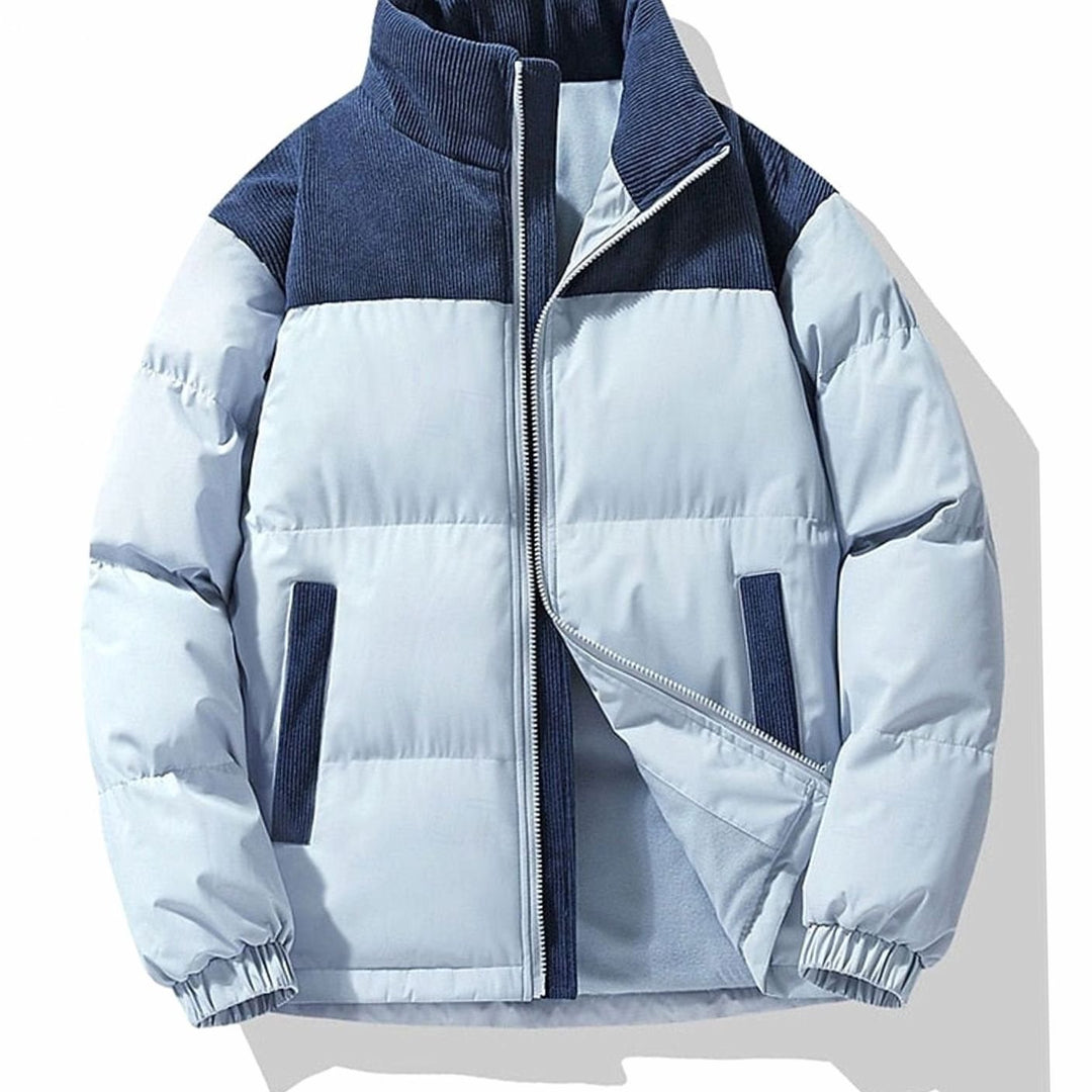 Men's Insulated Stand-Collar Corduroy Panel Puffer Jacket - Navy Blue