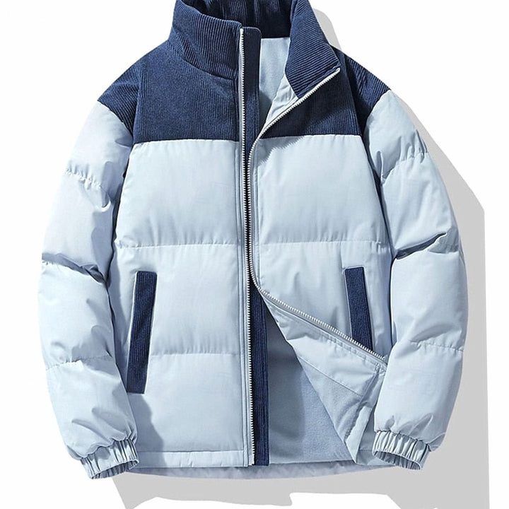 Men's Insulated Stand-Collar Corduroy Panel Puffer Jacket - Navy Blue