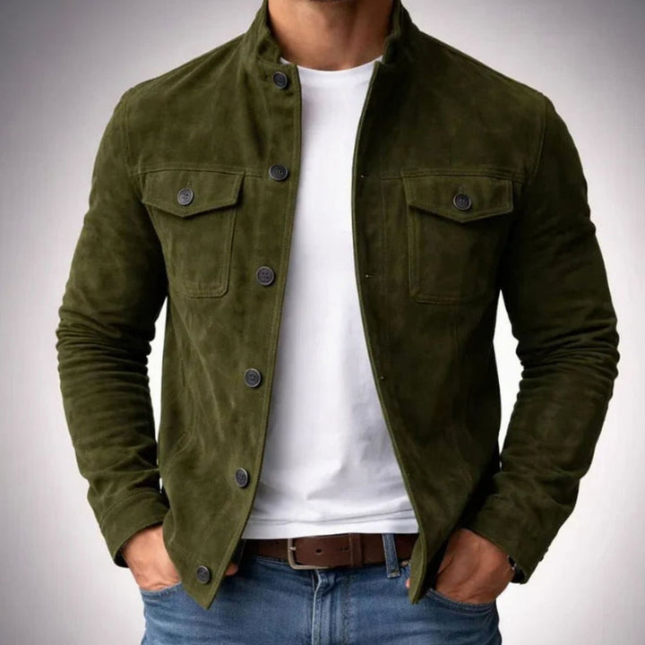 Men's Italian Suede Tailored-Fit Button-Front Stand-Collar Jacket - Green