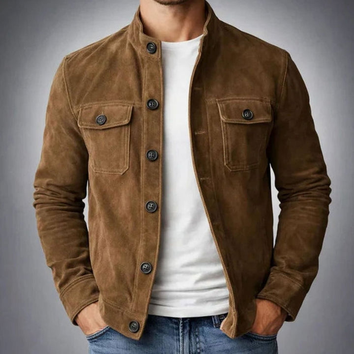 Men's Italian Suede Tailored-Fit Button-Front Stand-Collar Jacket - Brown