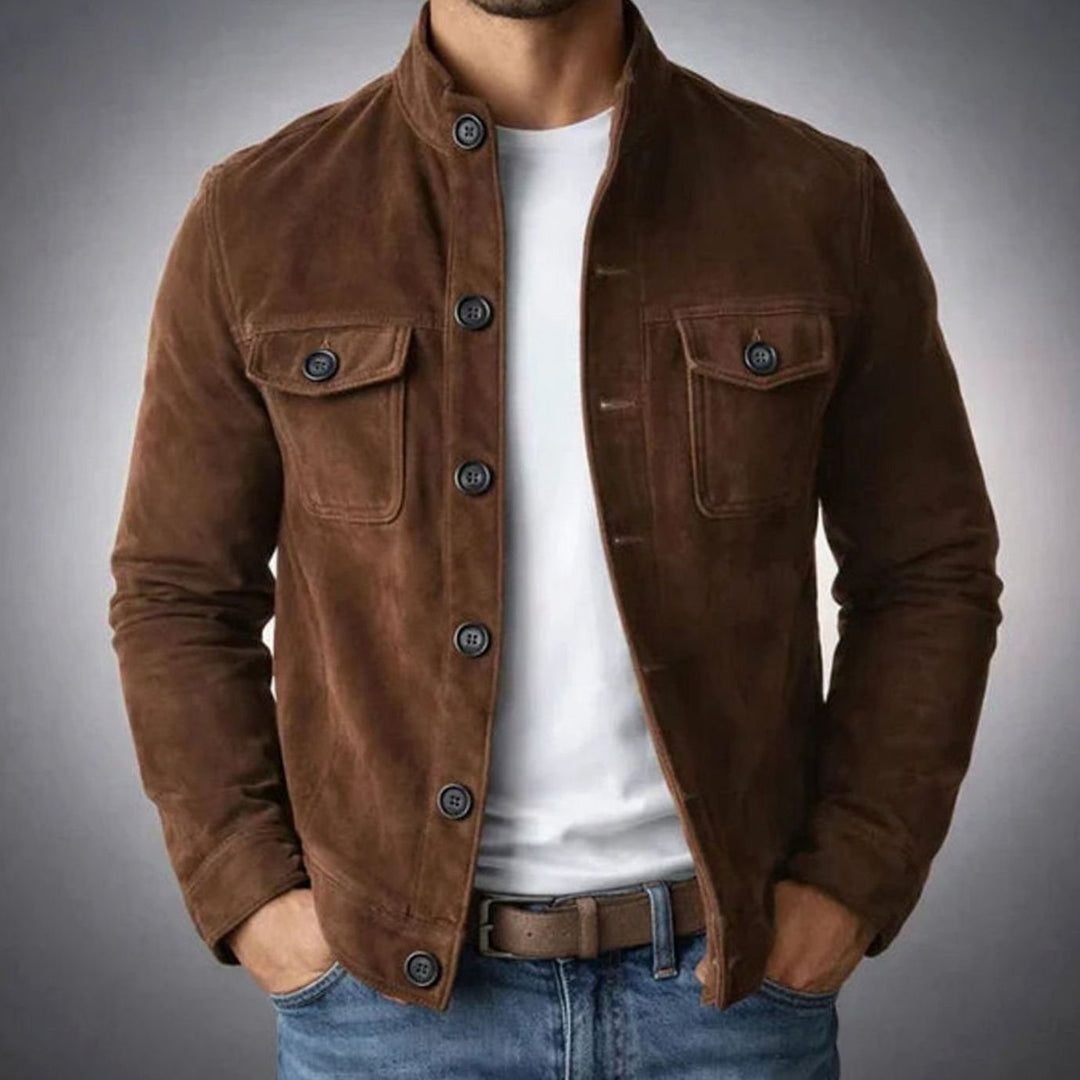 Men's Italian Suede Tailored-Fit Button-Front Stand-Collar Jacket - Dark Brown