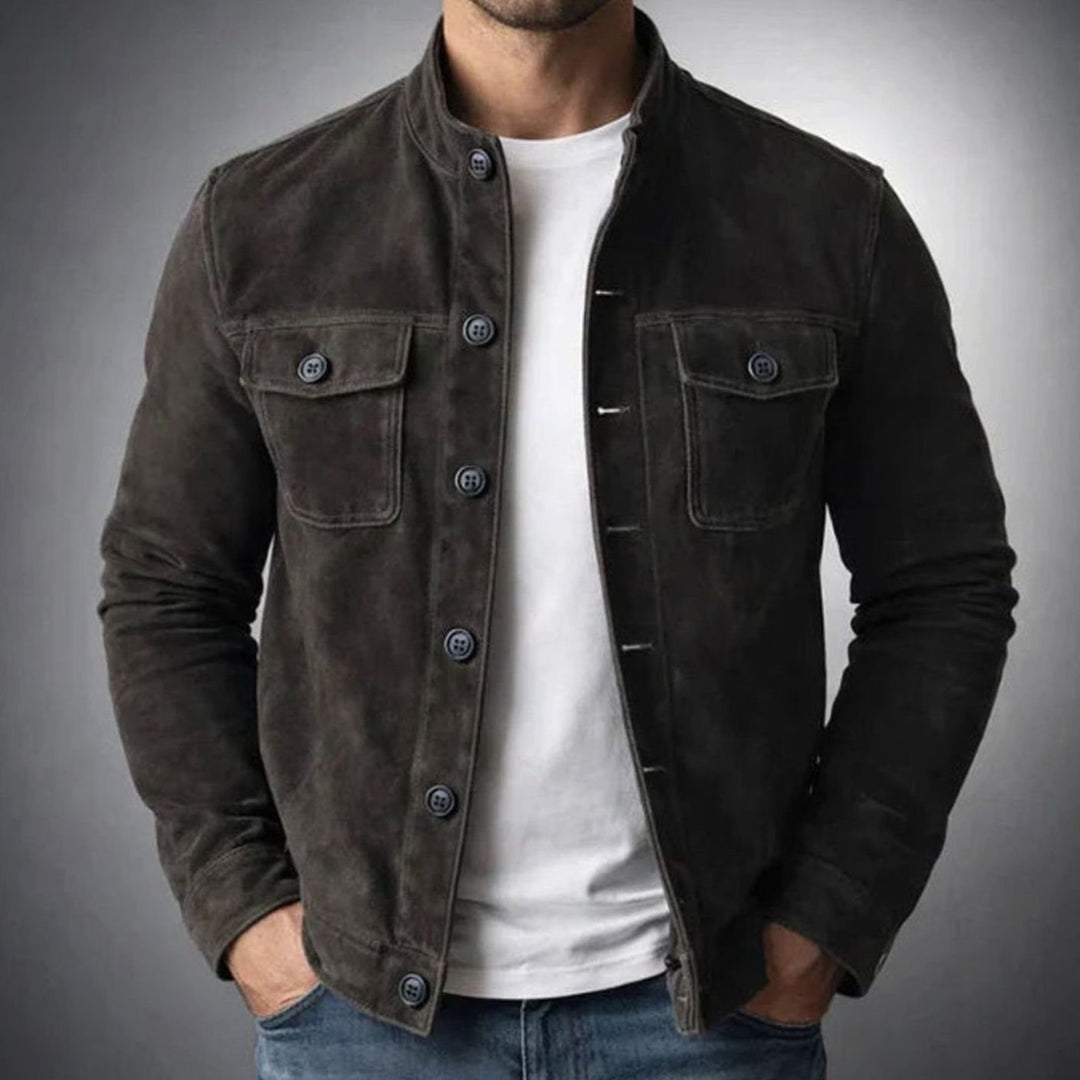 Men's Italian Suede Tailored-Fit Button-Front Stand-Collar Jacket - Black