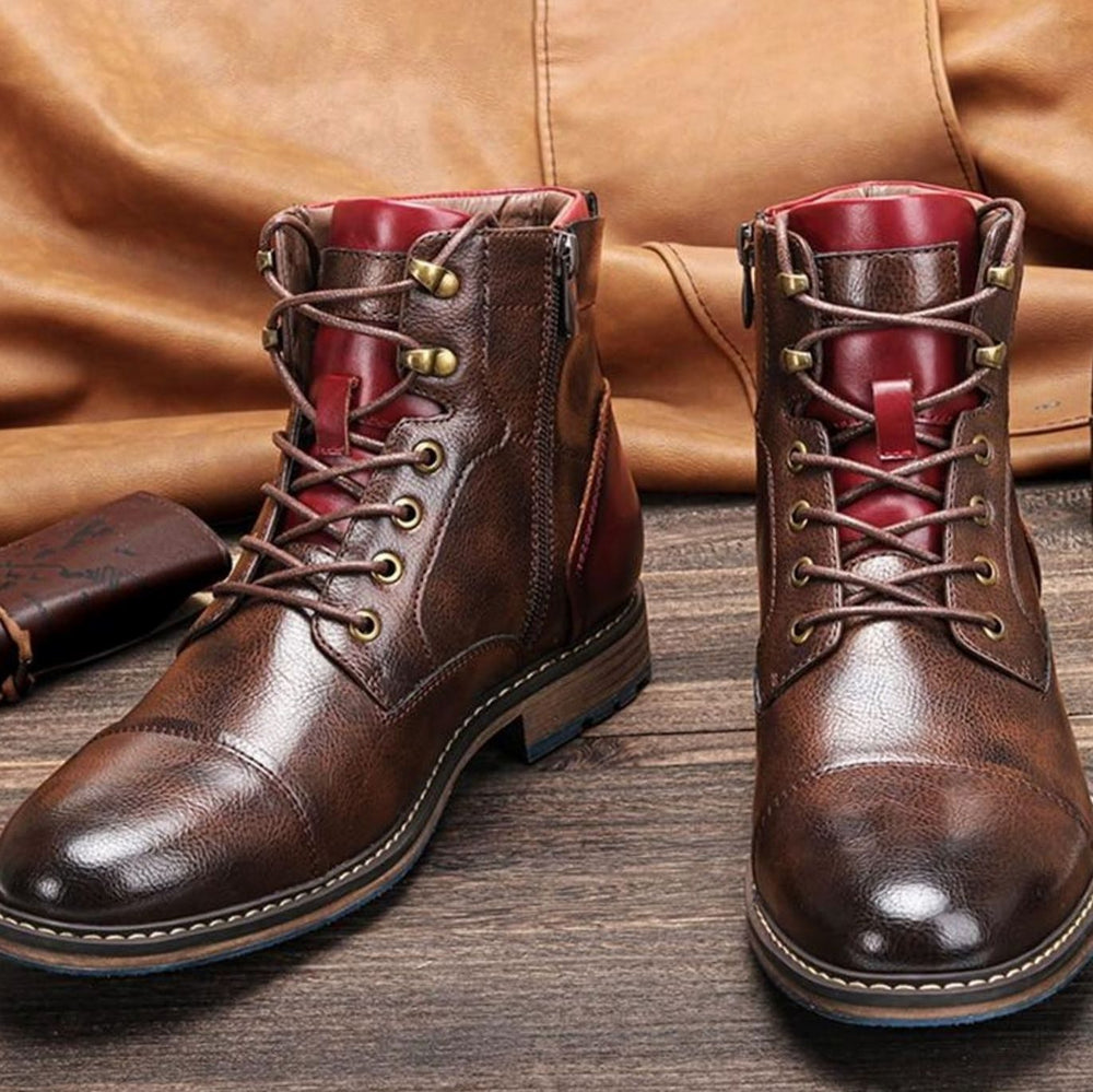 Men's Lace-Up Cap-Toe Ankle Boots Side Zip - Brown
