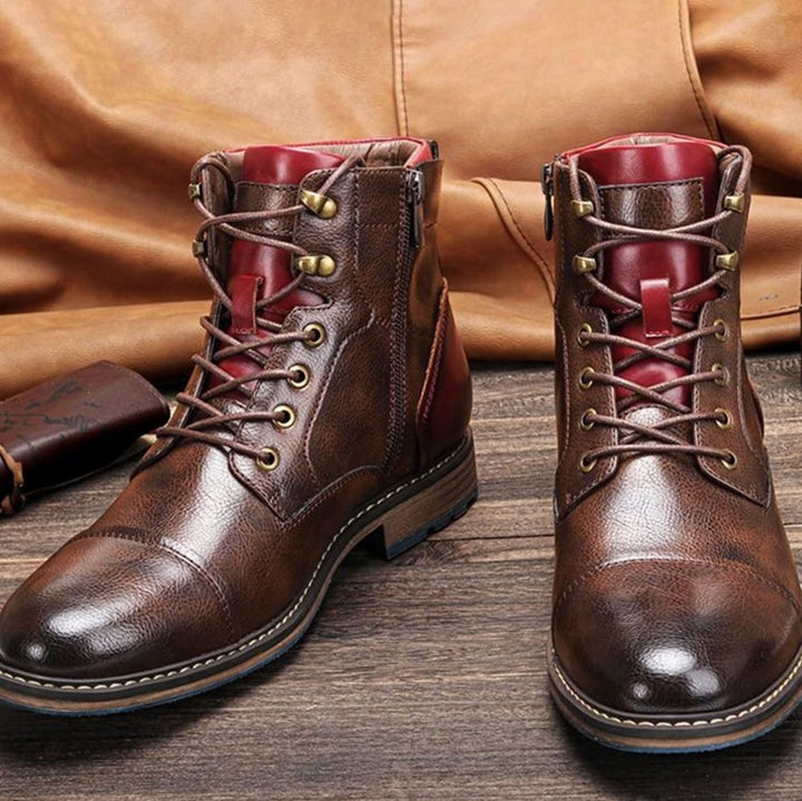 Men's Lace-Up Cap-Toe Ankle Boots Side Zip - Brown