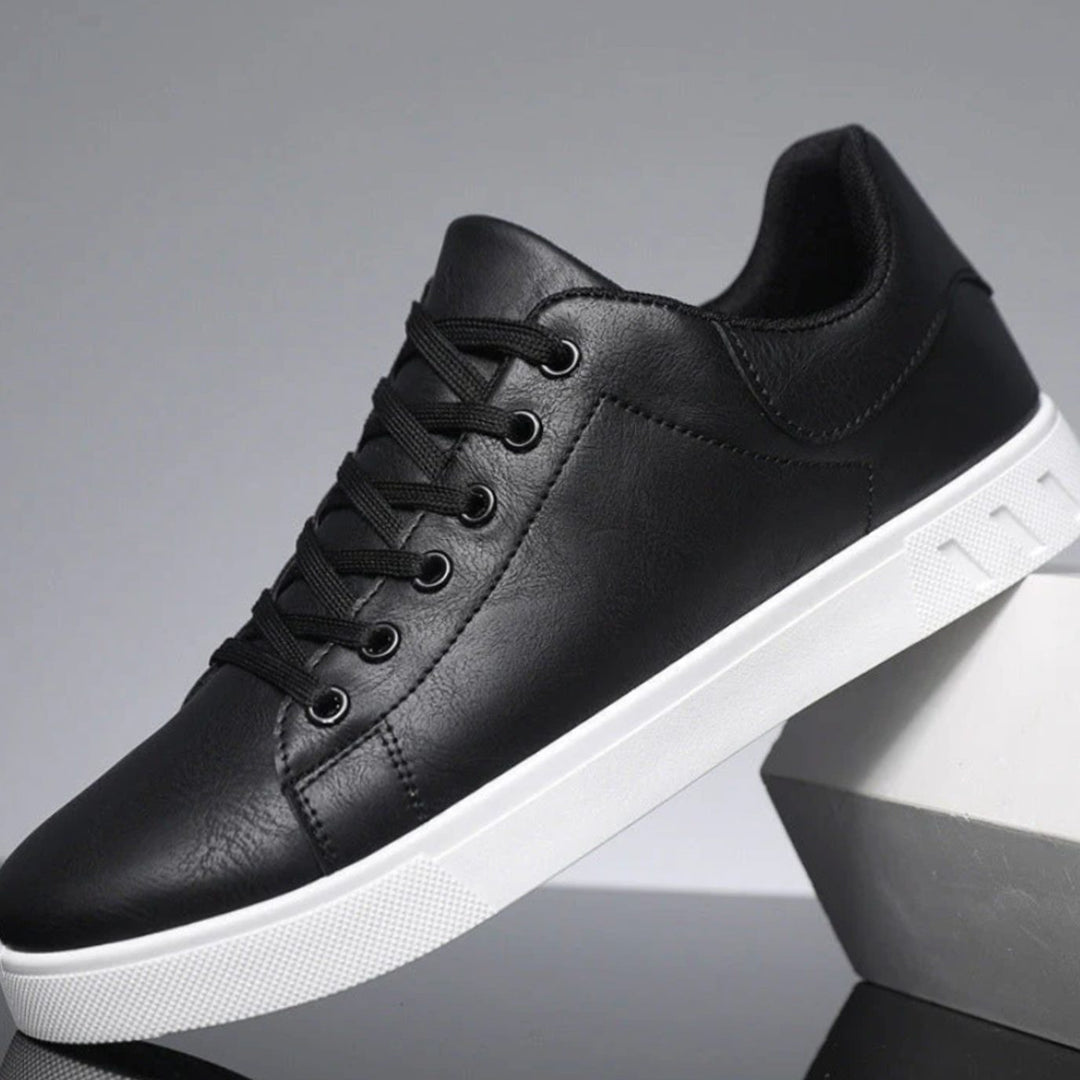 Men's Lace-Up Faux Leather Casual Flatform Trainers - Black