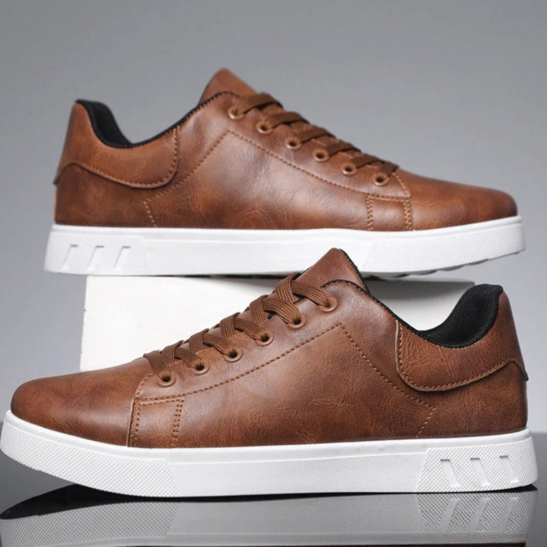 Men's Lace-Up Faux Leather Casual Flatform Trainers - Brown