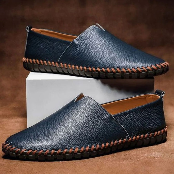 Men's Leather Slip-On Loafers Hand-Stitched Moccasin Shoes - Navy Blue