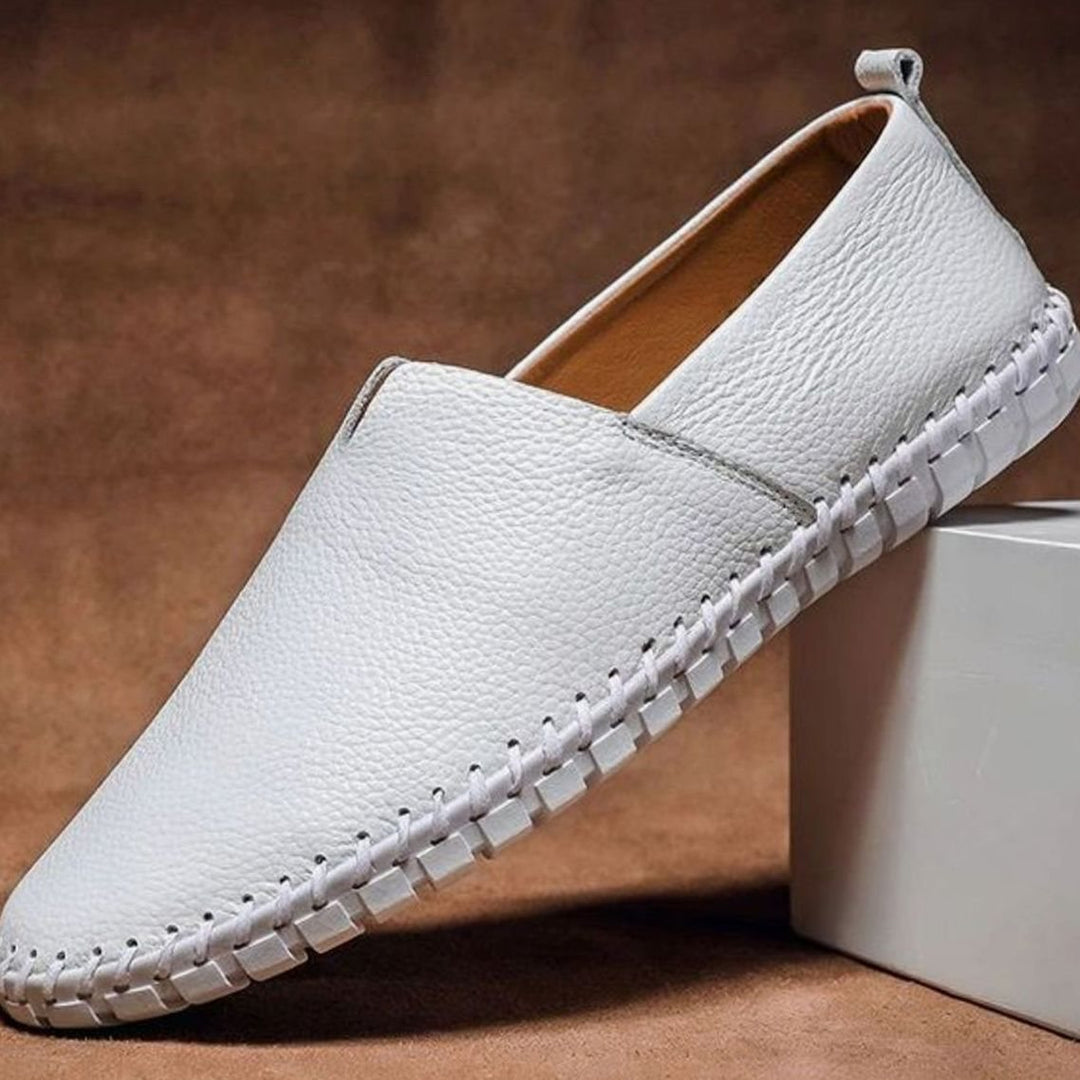 Men's Leather Slip-On Loafers Hand-Stitched Moccasin Shoes - White